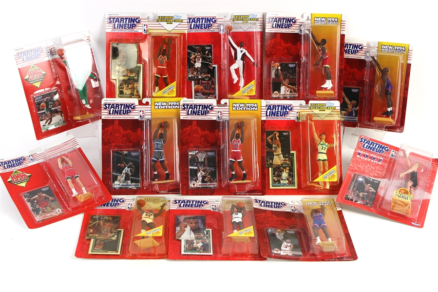1993-97 NBA MOC Starting Lineup Collection - Lot of 14 w/ Michael Jordan, Scottie Pippen, Hakeem Olajuwon, Shaquille ONeal, Dominique Wilkins & More