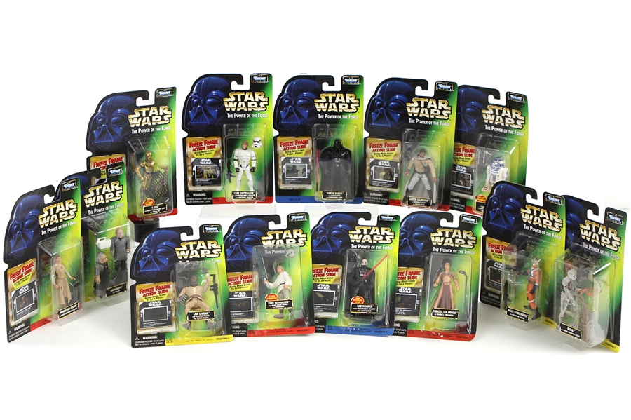 1997 Star Wars Power of the Force MOC Action Figures - Lot of 13 w/ Luke Skywalker, Darth Vader, Princess Leia Organa, R2D2, C3PO, Lando Calrissian & More