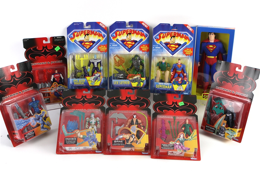 1996-97 Superman Batman & Robin MOC Action Figures - Lot of 12 w/ Superman, Lex Luthor, Bane, Batgirl, Mr. Freeze & More