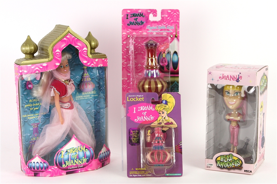 1996-2003 I Dream of Jeannie Toy Collection - Lot of 4 w/ MIB Fashion Doll, MIB Bobblehead, MOC Magical Bubble Bottle & MOC Locket