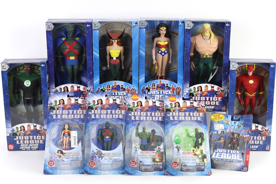 2003-04 Justice League MIB MOC Action Figures - Lot of 14 w/ Superman, Batman, Wonder Woman, Flash, Green Lantern & More