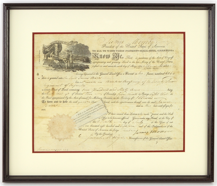 1818 James Monroe 5th President of the United States Signed 14" x 17" Framed Land Contract (JSA)
