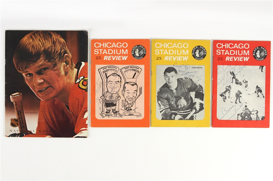 1965-72 Chicago Blackhawks Program Collection - Lot of 4 w/ 3 Signed Including Bobby Hull, Doug Jarrett & Reg Fleming (JSA)