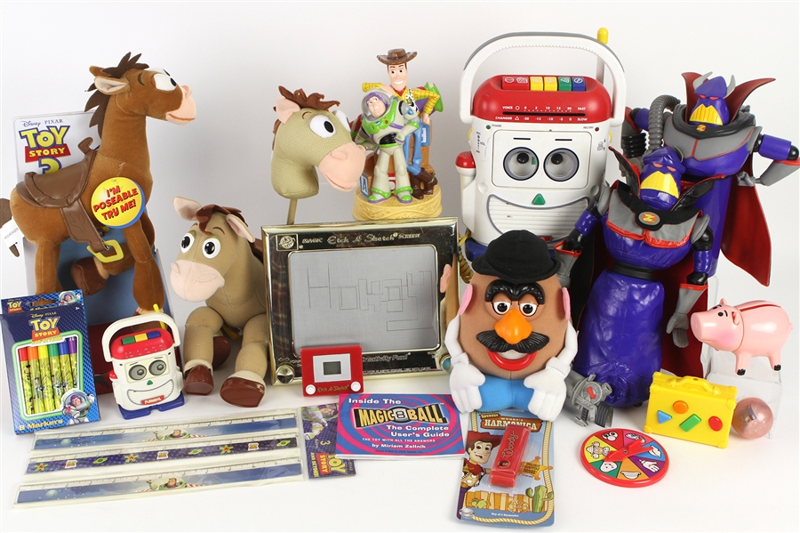 2000s Toy Story Toy Collection - Lot of 35+ w/ Action Figures, Plush Toys, Markers, Rulers, Woody Harmonica & More