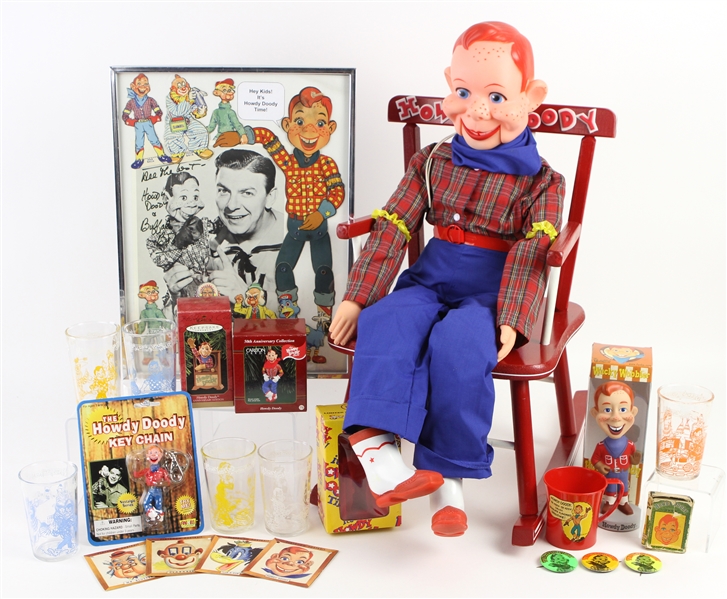 1950s-90s Howdy Doody Memorabilia Collection - Lot of 25+ w/ 28" Howdy Doody Doll, Books, Glasses, Ornaments, Pinback Buttons & Moire