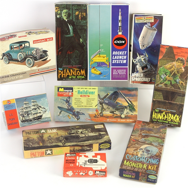 1950s Model Kit Collection - Lot of 8 w/ Electric Motor Power Kit, Apollo Spacecraft, Rocket Launch System, 1932 Chevy Coupe, Pattons Tank & More