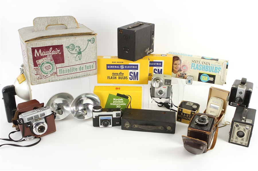 1900s-80s Camera Collection - Lot of 18 w/ Brownie Cameras, Kodak Motormatic 35F, Voigtlander Brillant & More