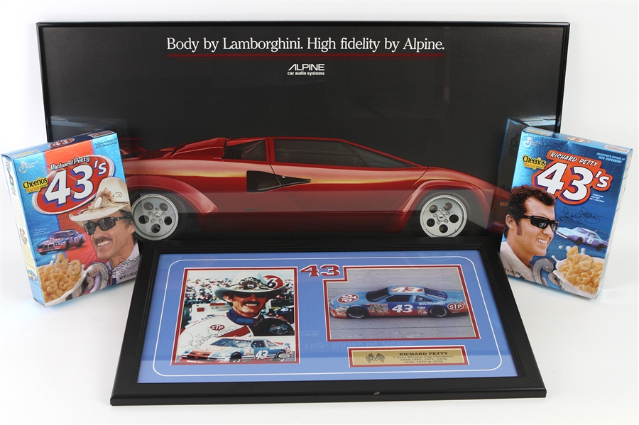 1980s-90s Richard Petty Winston Cup Champion Collection - Lot of 4 w/ Signed 16" x 27" Framed Display, Cereal Boxes & 18" x 37" Framed Lamborghini Poster (JSA)