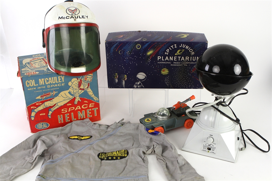 1960s Space Toy Collection - Lot of 3 w/ Col. McCauley Men Into Space Helmet w/ Original Box, Spitz Junior Planetarium w/ Original Box & More