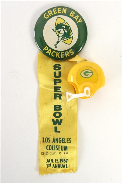 1967 Green Bay Packers Super Bowl I Los Angeles Coliseum 2 1/4" Pinback Button w/ Ribbon & Helmet Charm