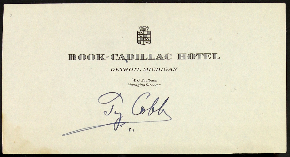 1930s Ty Cobb Detroit Tigers Signed 3" x 6" Encased Book-Cadillac Hotel Cut (JSA)