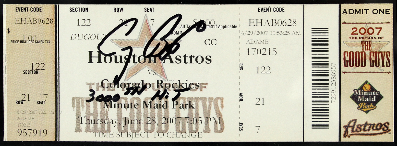 2007 (June 28) Craig Biggio Houston Astros Signed 3,000th Hit Game Full Ticket (JSA)