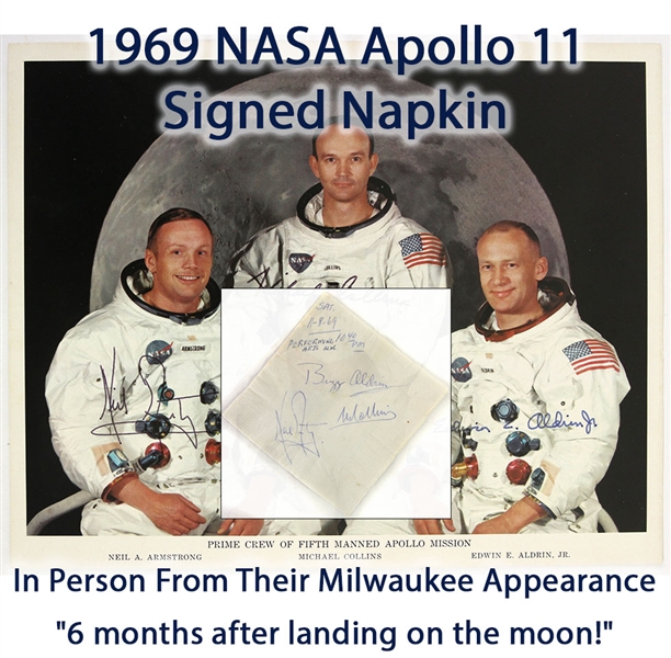1969 Neil Armstrong Buzz Aldrin Michael Collins Apollo 11 Signed Napkin & Auto Pen Photo - Lot of 2 (*Full JSA Letter*)