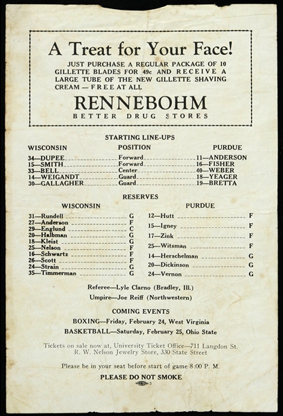 1940s Rennebohm Drug Stores Wisconsin vs Purdue Starting Line-Ups Handbill 