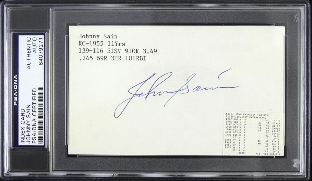 1955 Johnny Sain Kansas City Athletics Signed 3"x 5" Index Card (PSA/DNA Slabbed)