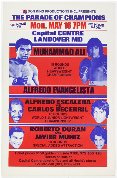 1977 Muhammad Ali vs Alfredo Evangelista 14.5"x 22.5" On-Site Boxing Poster 