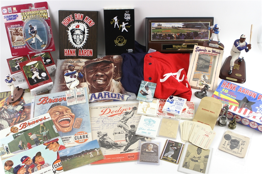 1950s-2000s Hank Aaron Milwaukee Braves Memorabilia Collection - Lot of 37 w/ Figures, Trading Cards, Programs & More