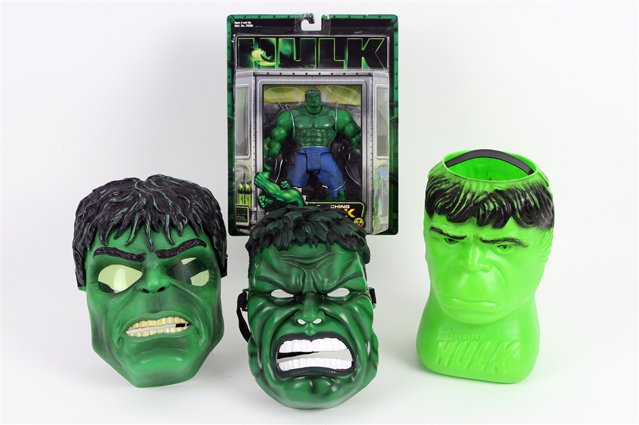 2003 Incredible Hulk Collection - Lot of 4 w/ (2) Masks, MOC Punching Hulk Action Figure & Trick or Treat Basket