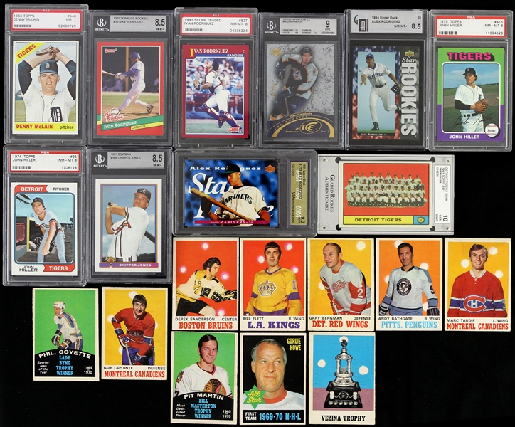 1960s-90s Baseball & Hockey Trading Card Collection - Lot of 20 w/ 10 Slabbed Including Denny McClain, Alex Rodriguez, Ivan Rodriguez & More