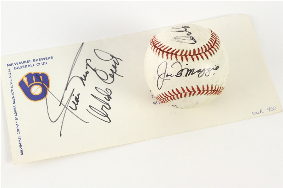 1985-89 Joe DiMaggio Willie Mays Orlando Cepeda Singed OAL Brown Baseball w/ Envelope Signed by Mays & Cepeda (JSA)