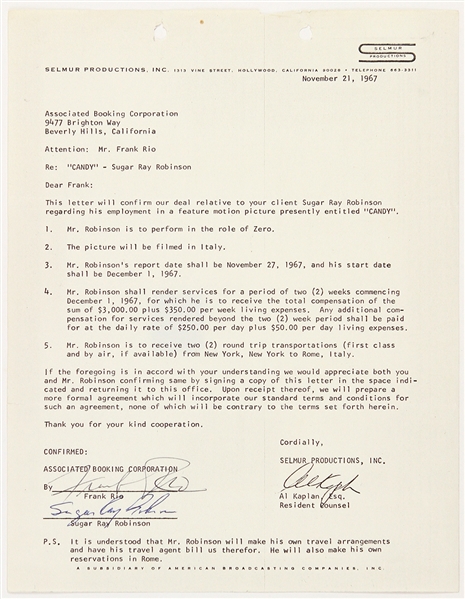 1967 Sugar Ray Robinson Signed 8.5”x11” Contract (JSA)
