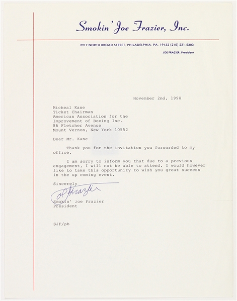 1990 Joe Frazier Heavyweight Champion Signed Letter (JSA)