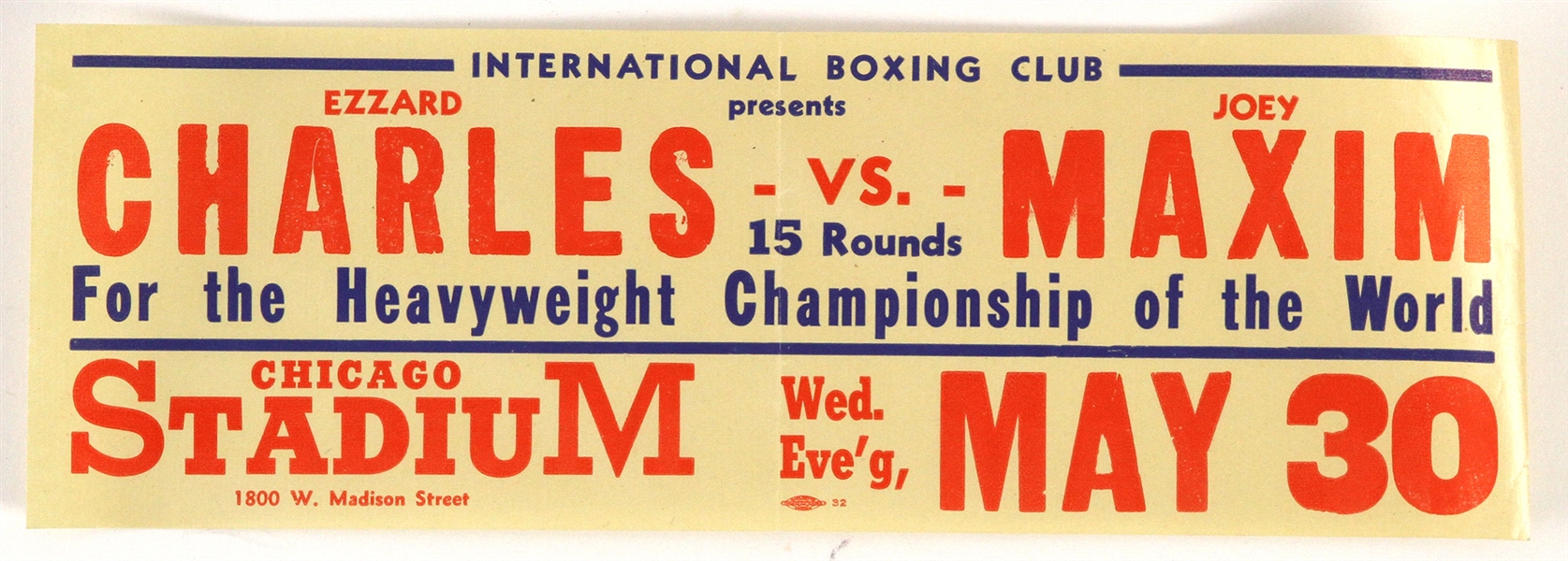 1951 Ezzard Charles Joey Maxim World Heavyweight Title Bout 3.5" x 10.5" Handbill