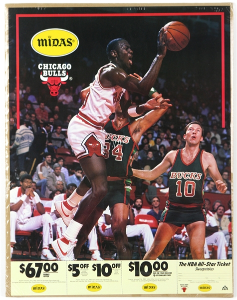 1984-85 MINT Michael Jordan Chicago Bulls Rookie Season 17" x 22" Midas Promotional On Site Poster (Complete w/ Original Coupon)