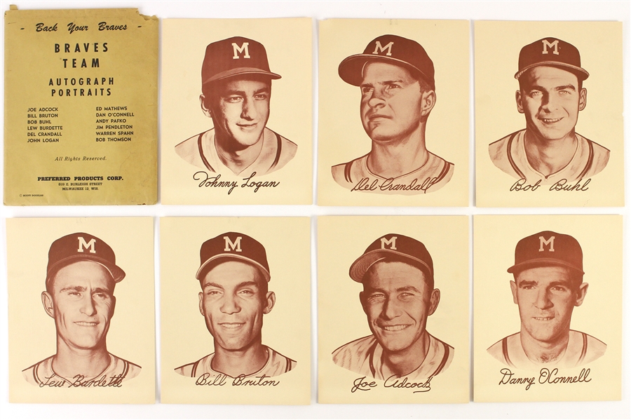 1954 Milwaukee Braves "Back Your Braves" Team Autograph Portraits - Set of 12 w/ Original Envelope