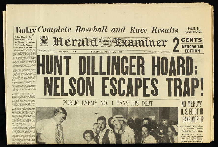 1934 (July 24) John Dillinger Public Enemy No. 1 Pays His Debt Chicago Herald Examiner Newspaper