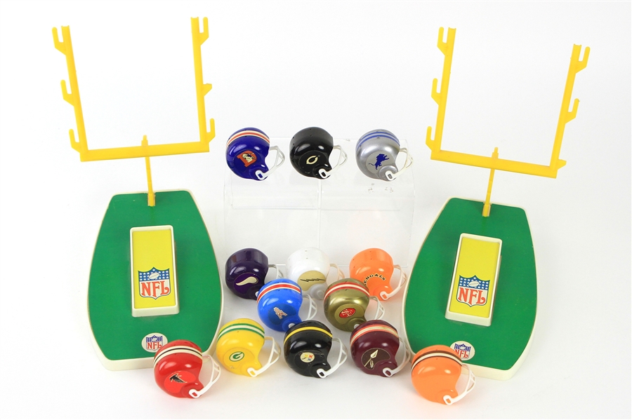 1970s NFL Mini Helmet Collection - Lot of 13 + 2 Upright Hook Displays