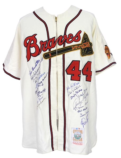 1957 Milwaukee Braves Multi Signed Hank Aaron Mitchell & Ness Throwback Jersey w/ 19 Signatures Including Aaron, Eddie Mathews, Warren Spahn & More (PSA/DNA)