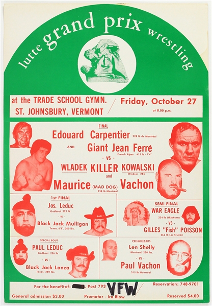 1972 Andre The Giant Killer Kowalski Black Jack Mulligan 15" x 22" Lutte Grand Prix Wrestling Broadside (Giant Jean Ferre)