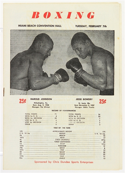 1961 (February 7) Jesse Bowdry Harold Johnson Light Heavyweight Title Fight Program w/ Muhammad Ali Undercard