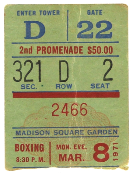 1971 (March 8) Muhammad Ali Joe Frazier Madison Square Garden Heavyweight Title Fight Ticket Stub