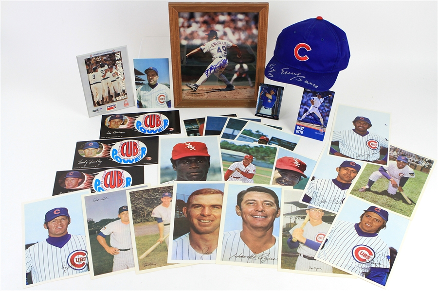 1960s-2000s Chicago Cubs White Sox Memorabilia Collection - Lot of 26 w/ Ernie Banks Signed Cap, 6" x 9" Player Photos, Cub Power Bumper Stickers & More