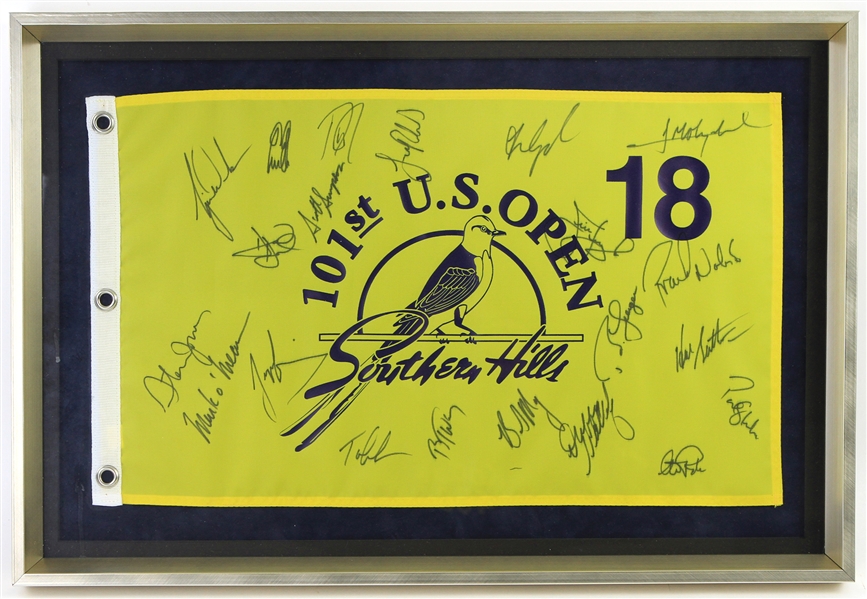 2001 US Open at Southern Hills Multi Signed 19" x 27" Framed Pin Flag w/ 21 Signatures Including Tiger Woods, Phil Mickelson, Davis Love & More (PSA/DNA)