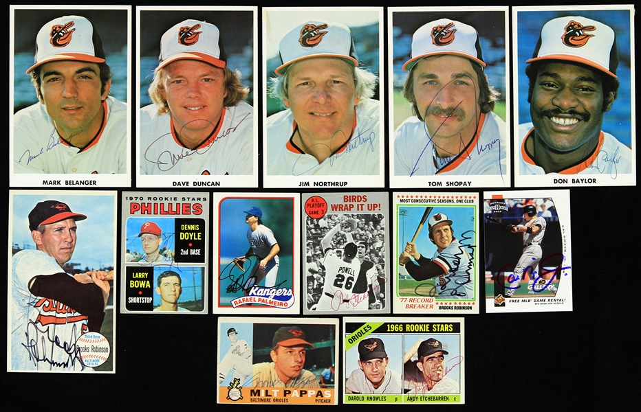 1960s-2000s Baltimore Orioles Signed Trading Cards & 3.5" x 5" Photos - Lot of 13 w/ Brooks Robinson, Cal Ripken Jr., Mark Belanger & More (JSA)