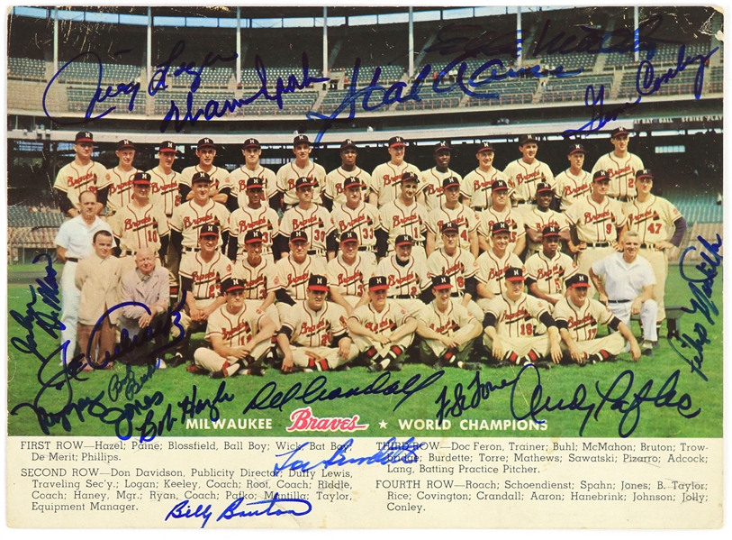1957 Milwaukee Braves Multi Signed 6.5" x 9" Team Photo w/ 16 Signatures Including Hank Aaron, Warren Spahn, Eddie Mathews & More (JSA)