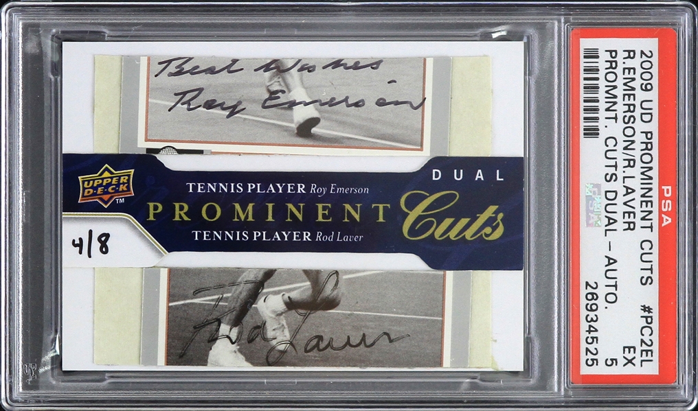 2009 Rod Laver Roy Emerson Signed Upper Deck Prominent Cuts Trading Card (PSA Slabbed EX 5) 4/8