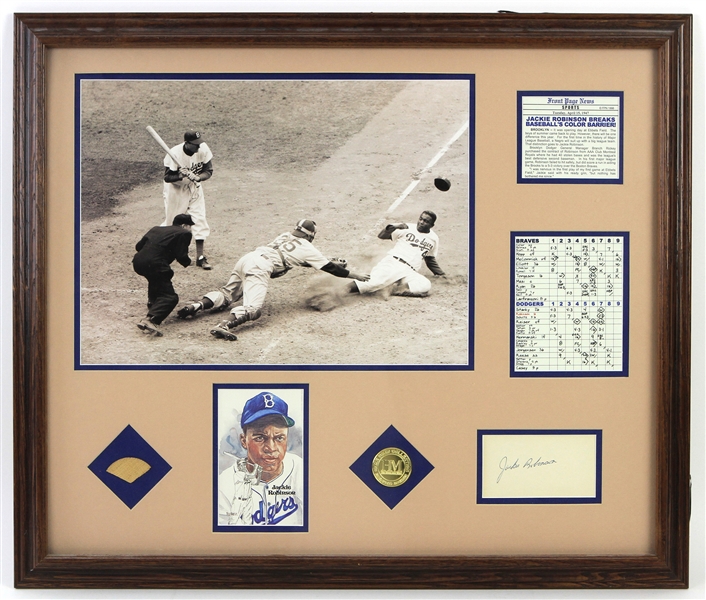 1953 Jackie Robinson Brooklyn Dodgers 23" x 27" Framed Display w/ Game Used Bat Piece, Signed Cut & More (PSA/DNA & Highland Mint)