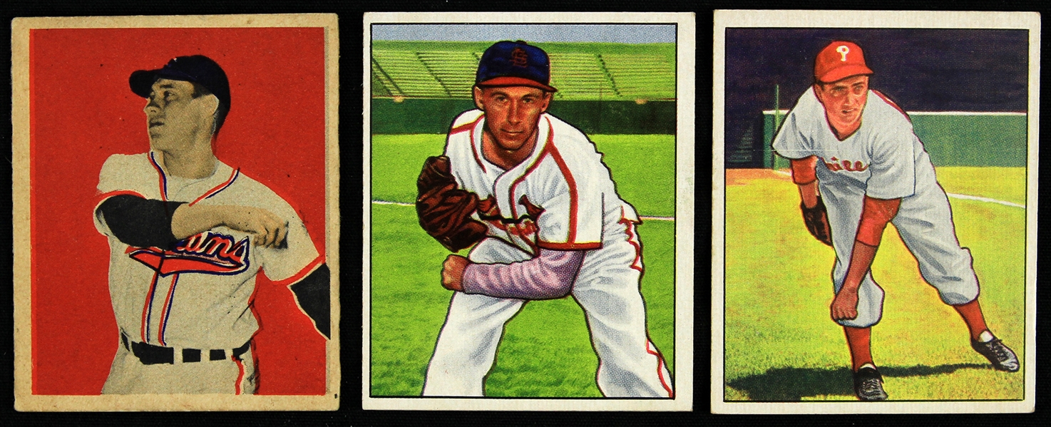 1949-50 Bob Feller Ken Heintzelman Harry Brecheen Bowman Baseball Trading Cards - Lot of 3 