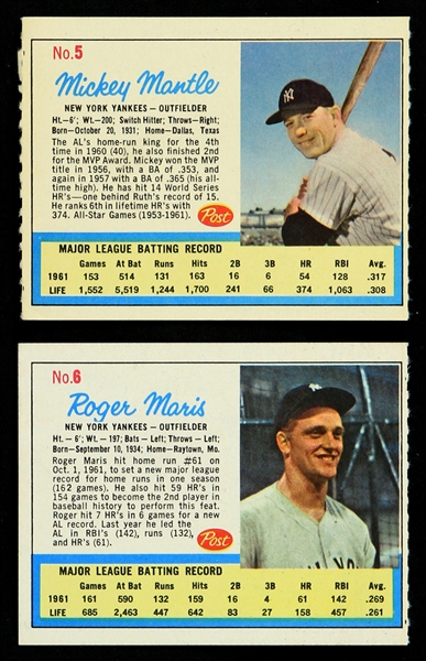 1962 Roger Maris / Mickey Mantle New York Yankees Post Cereal Baseball Cards