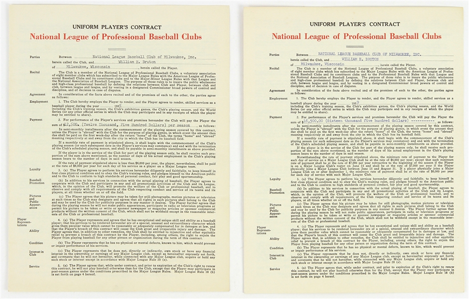 1955 & 1959 William Bruton Milwaukee Braves National League Signed Uniform Players Contracts (JSA)