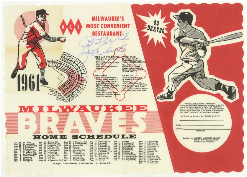 1953-61 Milwaukee Braves Laminated Schedule Placemats & Roster Sheets - Lot of 16 w/ 1 Signed by Joe Adcock (JSA)