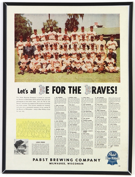 1953 Milwaukee Braves 18" x 24" Pabst Blue Ribbon "Lets All Be For The Braves" Team Photo Poster