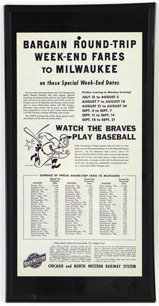 1953 Milwaukee Braves 10" x 20" Framed Chicago & North Western Railway System Weekend Fare Broadside
