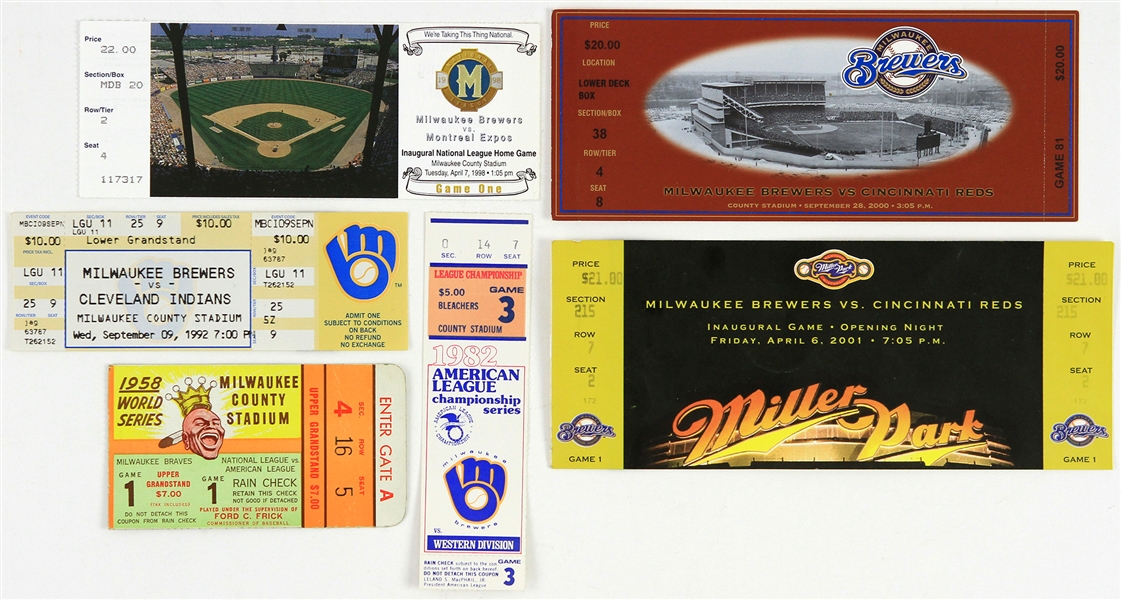 1958-2001 Milwauke Braves & Brewers Full Ticket & Stub Collection - Lot of 6 w/ 1958 World Series, 1982 ALCS, Robin Yount 3000th Hit & More