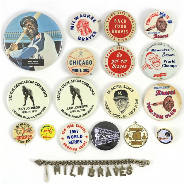 1950s-2000s Milwaukee Braves Pinback Button Collection - Lot of 18 w/ 1957 World Series, Hank Aaron, Charm Bracelet & More