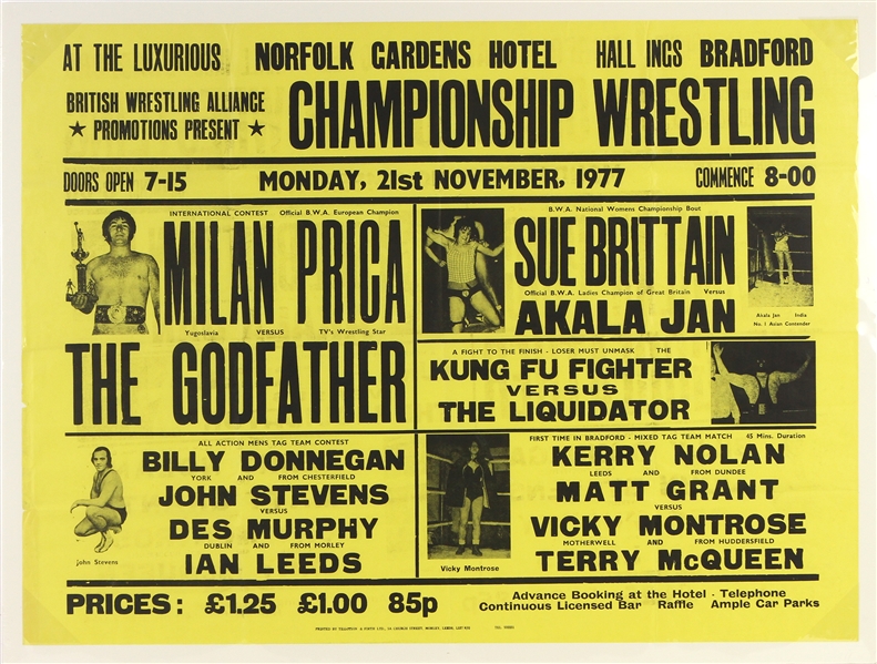 1977 British Wrestling Alliance Championship Wrestling 30" x 40" Norfolk Gardens Hotel Poster